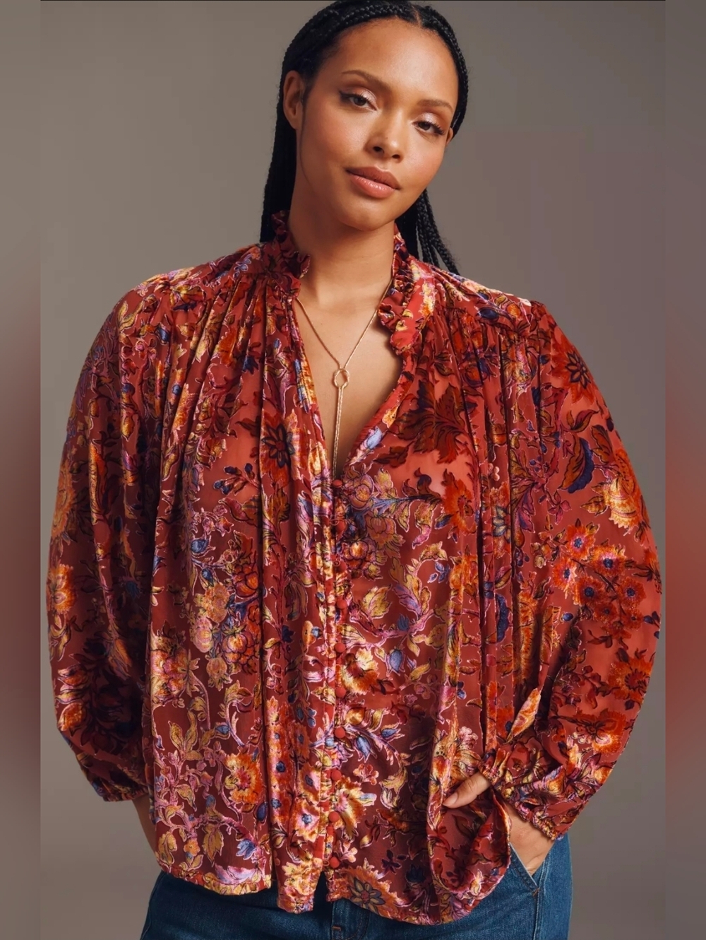 Anthropologie Sheer Floral Velvet Burnout Blouse - Picture 1 of 6